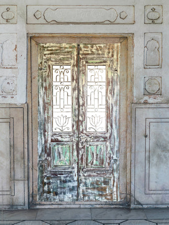 Vintage Whitewash Carved Sliding Barn Door, Lotus Jali Latticed Door,84x48